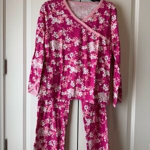 Garnet Hill Asian Wrap Organic Cotton Pajamas Pink Floral XS
